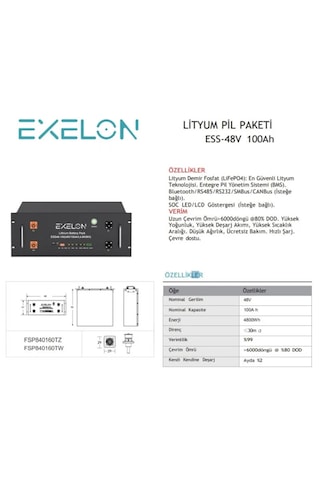 Exelon 48 V Volt 100 Ah Amper Lityum Akü Rack Tipi Lifepo4 Lityum