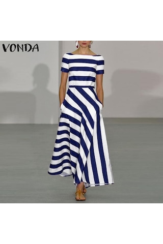 Vonda Kadın Yaz Yuvarlak Yaka Raglan Kısa Kollu Cep Çizgili Bol Uzun Elbise Koyu Mavi