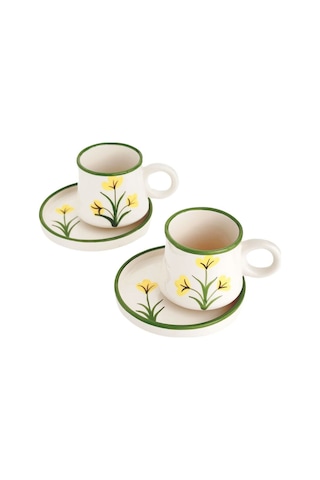 2 Li Takım Sarı Çiçek Desenli El Yapımı Kazan Seramik Kahve Fincanı, Kahve Fincanı Beyaz