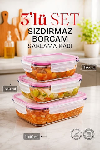 3'lü Dikdörtgen Sızdırmaz Kapaklı Kase Cam Saklama Kabı Buzdolabı Düzenleyici Fırın Kabı Borcam