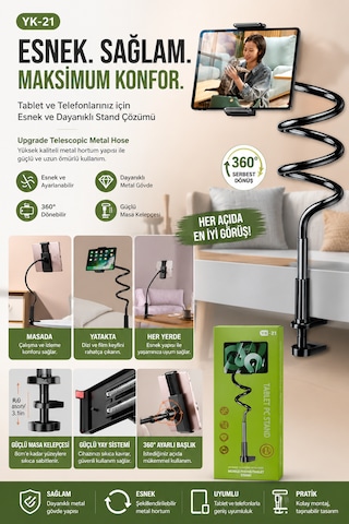 Tablet Ve Telefon Standı Metal Spiral Masa Kenarlı 360 Döner Esnek Telefon Tutucu Tablet Standı