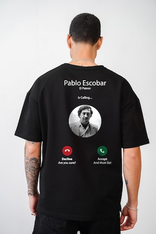 King-Brich Oversize Kalıp Pablo Escobar İs Calling Baskılı Unisex Tişört Siyah