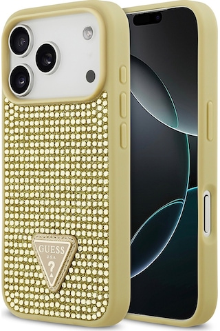 Apple Uyumlu iPhone 17 Pro Kılıf Guess Lisanslı Taşlı Arka Yüzey Üçgen Logolu Kapak Gold