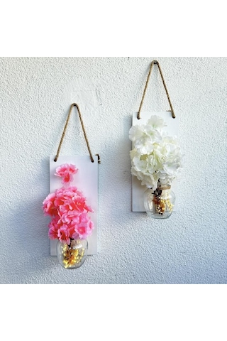 Led Işıklı, Pembe Ve Beyaz Bahardalı Çiçekli Duvar Dekoru Beyaz İkili Set Beyaz