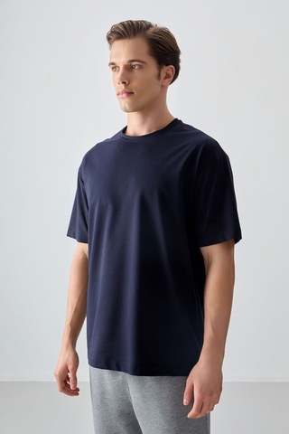 Air Jones Tommy Life Lacivert Pamuklu Kalın Yumuşak Dokulu Oversize Fit Basic Erkek T-shirt - 88377 Lacivert