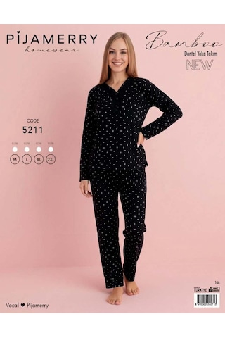 Pijamerry Kadın Bambu Baharlık Dantel Yaka Uzun Kol İnce Pijama Takımı 5211s - 1 Adet Siyah