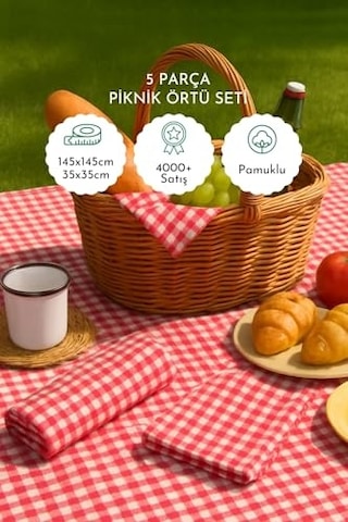 5li Piknik Seti, Piknik Masa Örtüsü 145x145cm Ve 4 Piknik Peçetesi 36x36cm Açık Bakır