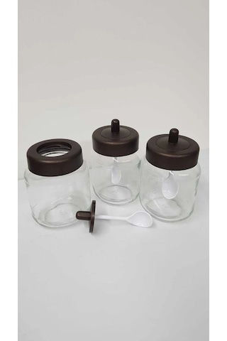 3 Adet Mat Kapaklı Kendinden Kaşıklı Baharatlık Seti - 330 Ml - Cam Kavanoz ŞEffaf