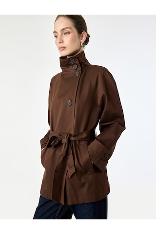 Koton Pamuklu Reglan Uzun Kollu Düğmeli Kemerli Gabardin Dik Yaka Trençkot Kahverengi 7wak00171ew Kahve