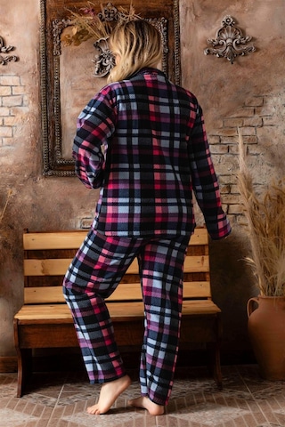 Sonbahar/kış Welsoft Polar Düğmeli Ekose Desenli Kadın Büyük Beden Pijama Takımı P200127-lacivert Lacivert