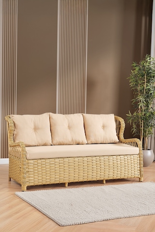 Paris Rattan Puflu Bahçe Balkon Takımı 3+1+1 Cam Masalı Cappuccino