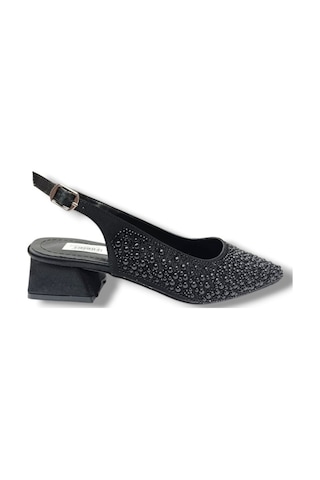 C-shoes 2605-26 Saten İncili Taşlı Kare Topuk Arkası Açık Kadın Ayakkabı Siyah