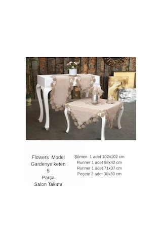 Salon Takımı 5 Parça Keten Dantelli Masa Örtüsü Runner Seti Çeyizlik Flowers Model Kapiçino Çok Renkli