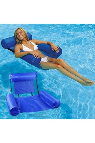 Mufunye Gemi Mavisi Çift Yataklı Çalıştırılabilir Su Yatağı - Yatırganlı Fonksiyonlu Katlanabilir Su Üstü Rahatlatıcı