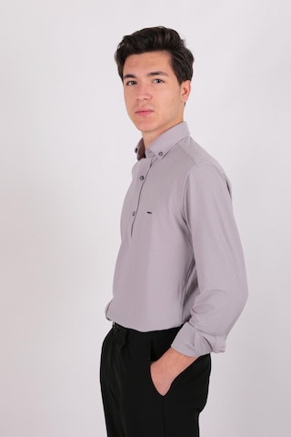 Twın Lıon Twin Lıon 408 Slimfit Örme Armürlü Düz Gömlek Gri