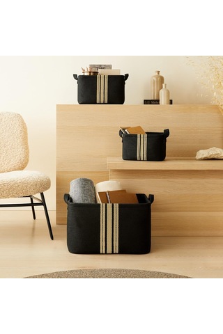 Ocean Home Textile 3'lü Çizgili Siyah Renk Jüt Sepet Set 24 X 17 X 14/30 X 21 X 18/42 X 31 X 25 Cm Genel