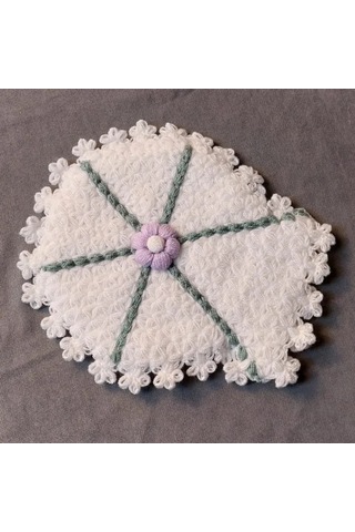 Uretti - Kenan 2196 - 0895 El Örgüsü Eflatun Çiçek Motifli Beyaz 3'lü Lif Seti