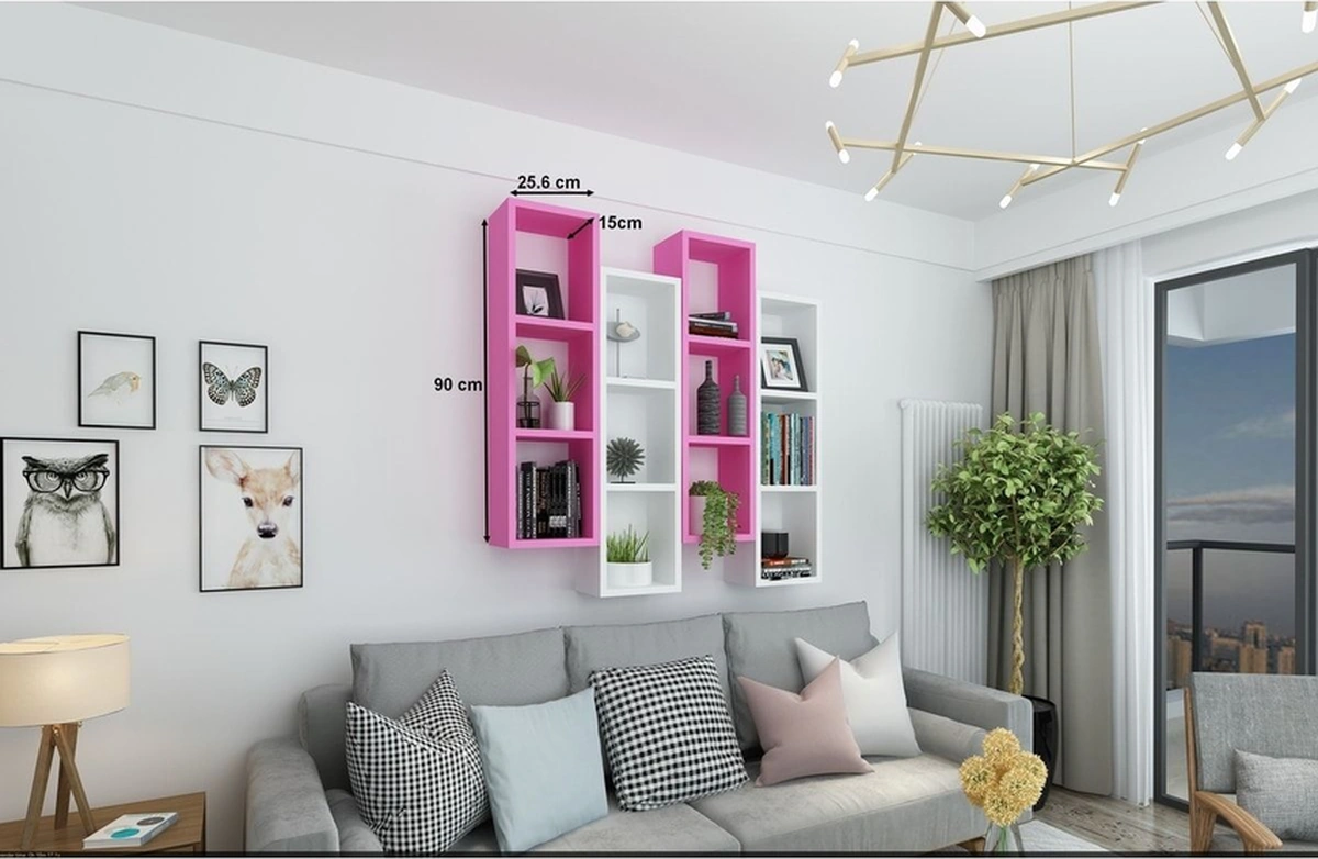Kitaplık Modern Ev Duvar Rafı Pembe Beyaz 4 Lü Takım Pembe-beyaz