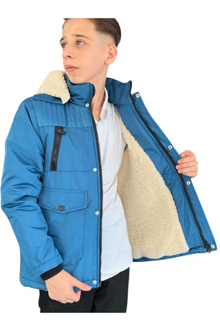 Erkek Çocuk Fermuar Torba Cepli Fermuar Çıtçıt Kapamalı Peluş Astarlı Kapüşonu Çıkabilen Mavi Mont Mavi