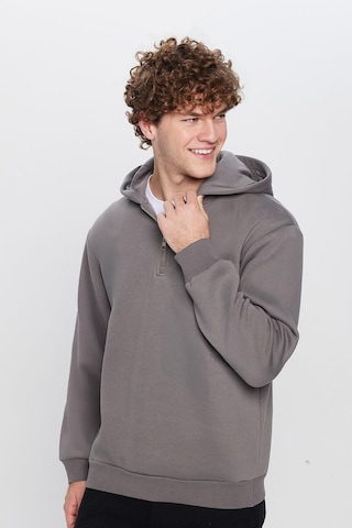Tudors Unisex Relax Fit Rahat Kesim Pamuklu İçi Polarlı Yarım Fermuarlı Gri Kapüşonlu Sweatshirt-32461 Gri