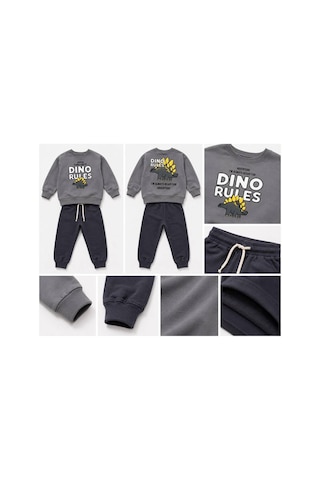 Eray Alp Kids Erkek Çocuk Dinozor Baskılı Sweatshirt Eşofman Takımı Günlük Rahat Kombin Gri
