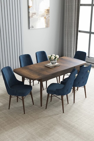 Zümra Serisi, Barok Ahşap Desen 80x132 Açılabilir Mdf Mutfak Masası Takımı 6 Adet Sandalye, Lacivert