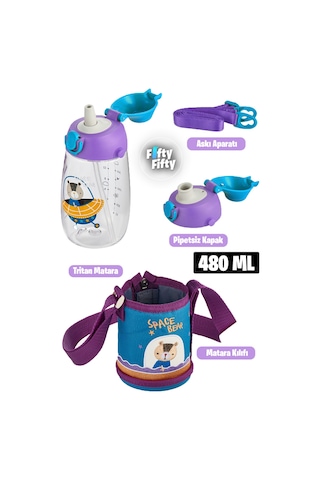 Uzspace 480 Ml Kılıflı 2 Ayrı Kapaklı Pipetli/pipetsiz Tritan Çocuk Su Matarası