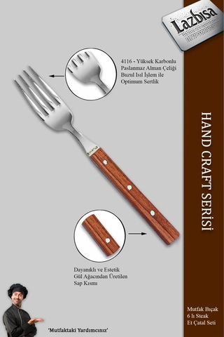 Hand Craft Serisi 6 Parça Steak Et Kahvaltı Yemek Çatalı Mft-865 Gül