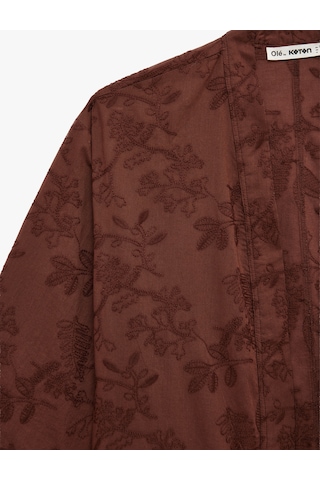 Koton Pamuklu V Yaka 3/4 Kol Nakışlı Kimono Kahverengi 6sal50005ıw Kahve