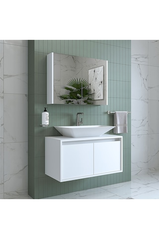 Banos Banyo Roomart Tm7.2 Mat Beyaz Mdf 85 Cm Banyo Dolabı + Ayna Mat Beyaz