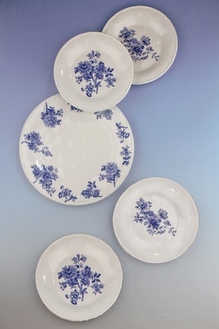 İnci Serisi Blue Blanc 5 Parça Porselen Pasta Takımı Beyaz