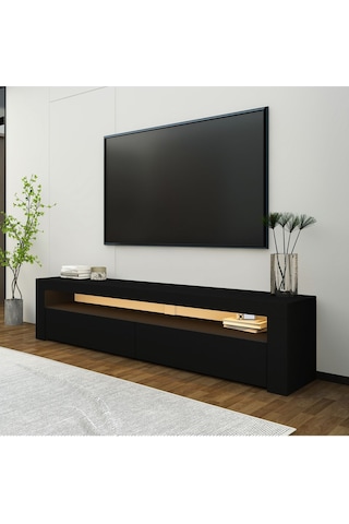 Batı Led Işıklı 2 Kapaklı TV Sehpası 150 cm Minimal Tasarım, Ahşap siyah