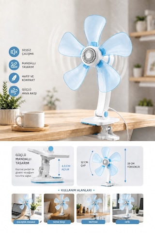 Waldern Taşınabilir, Sessiz Akrobat - Klipsli Fan - Masa Üstü Mavi Vantilatör - 32 Cm & 180 Eğim