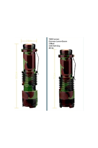Omeniv Kamuflaj El Feneri 1000 Lümen Zoom Deprem Outdoor Kamp Çok Renkli