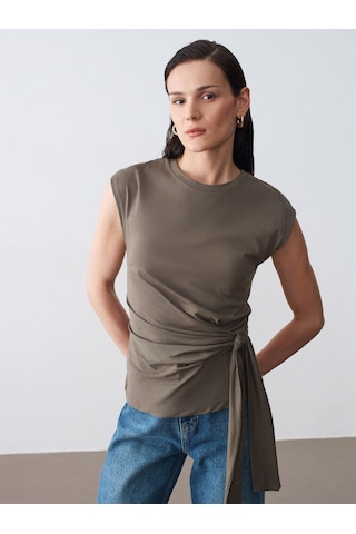Dilvin 32724 %100 Pamuk Bağlama Detaylı T-shirt-haki