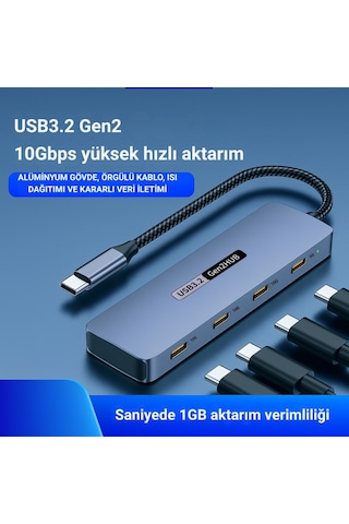 Polham 4in1 Usb Type-c 4 Portlu Usb 3.2 Gen 2 Hub ,10 Gbps Type C Çoğaltıcı, Tüm Sistemler İle Uyumlu