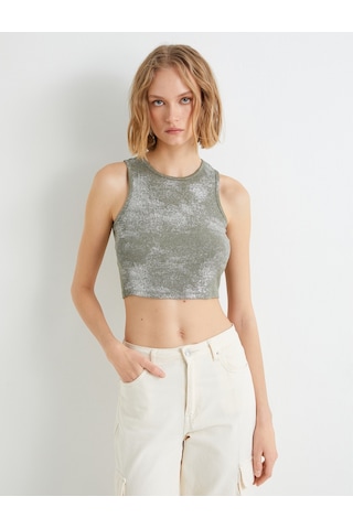 Koton Crop Atlet Halter Yaka Metalik Sim Baskılı Fitilli Ada Çayı 4sak10284ek Açık Yeşil