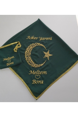 İsimli Asker Yareni Ayyıldız Nakış Işlemeli Kına Asker Omuz Şalı Atkısı Örtüsü Isme Özel