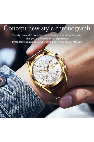 Olevs 2872 Erkekler Üç Göz Altı İğne Kronograf Su Geçirmez Kuvars Saat Beyaz + Altın