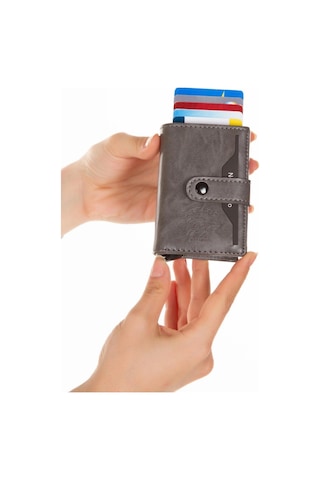 Newish Polo Deri Rfıd Koruyucu Alüminyum Otomatik Mekanizma Kartlık Ve Cüzdan New068 Gri