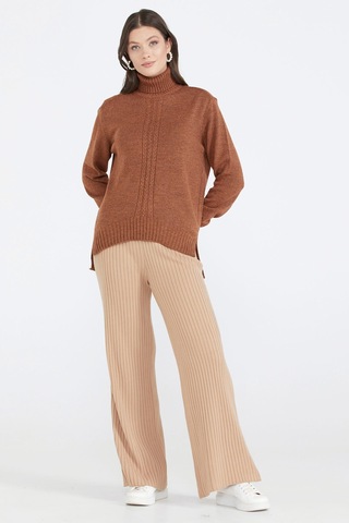 Tam Balıkçı Kadın Triko Kazak - Taba