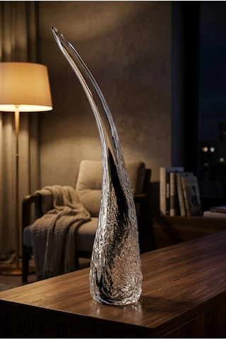 43 Cm Kristal Obje - El Yapımı Modern Organik Cam Heykel Şeffaf & Siyah