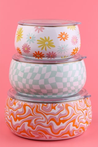 Emaylab Retro Hippi 3' Lü Emaye Tombul Saklama Kabı Takımı-6 Parç Çok Renkli