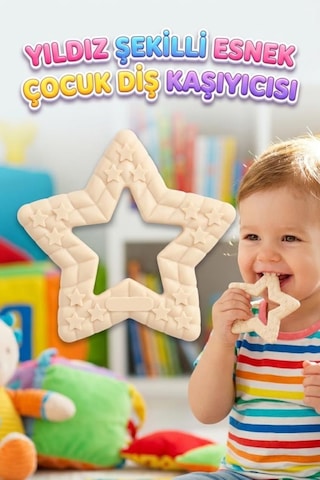 Yıldız Şekilli Esnek Bpa İçermeyen Kabartılı Pastel Renkli Oyuncak Bebek Diş Kaşıyıcısı Krem