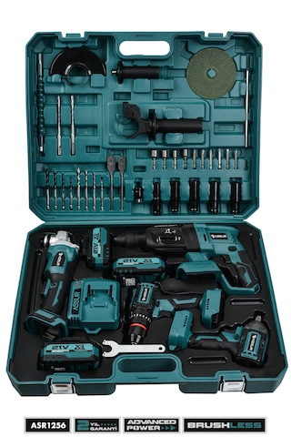 Assur ASR1256 21V 4'lü Set Taşlama + Somun Sıkma Sökme + Akülü Vidalama + Kırıcı Delici Hilti Mavi