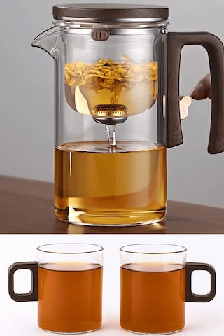 Borosilikat Cam Sihirli Demlik 720 Ml Isıya Dayanıklı 2 Bardaklı Bitki Çayı Demleme Seti Çok Renkli