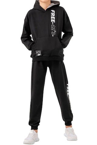 Erkek Çocuk Free Koordinat Yazılı Kapüşonlu Kanguru Cepli Siyah Renk Eşofman Takımı Siyah