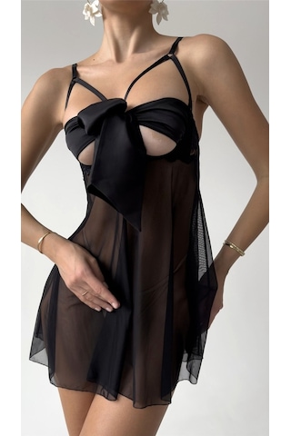 Suısy Midnight Gift Siyah Fiyonklu Tül Babydoll Gecelik