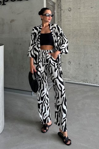 Modagen Kadın Zebra Kimono Pantolon Oversize Gömlek Takım Zebra