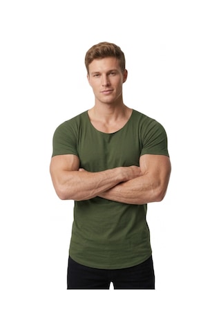 Deepsea Erkek Haki Geniş Yaka Likralı Tişört Oval Yaka Slim Fit Eteği Oval Açık Yaka T-shirt 1801199 Haki
